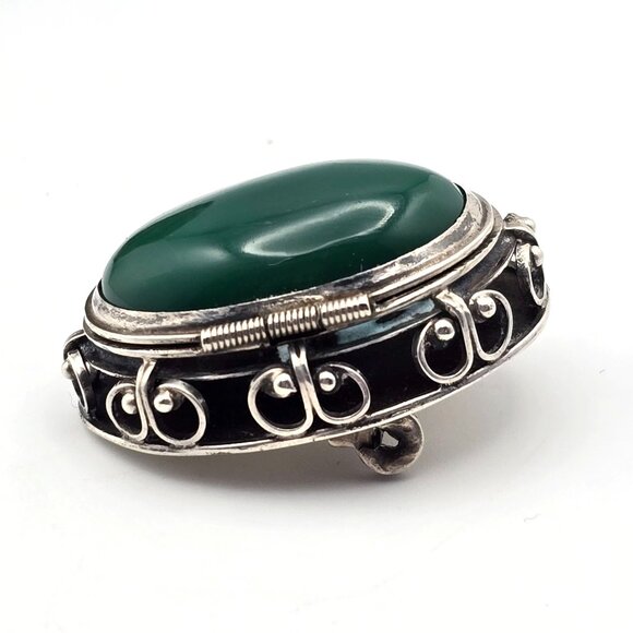 VTG Taxco Sterling Silver Locket Brooch Pin w/ Green Agate Oval Cabochon 1950s - Picture 2 of 13